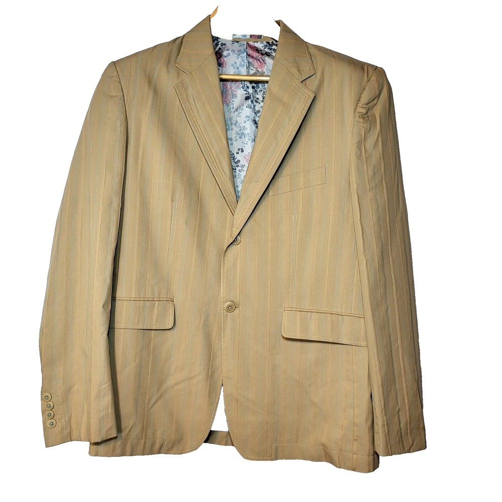 MBX Striped Cotton Tan Blazer Teal Stripes Lined Blue Floral 2 Button Vent Large